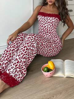 SHEIN Sweet Ins Colorblock Leopard Print & Lace Patchwork Women Pajama Set Red Leopard Print Pajama Set | SHEIN