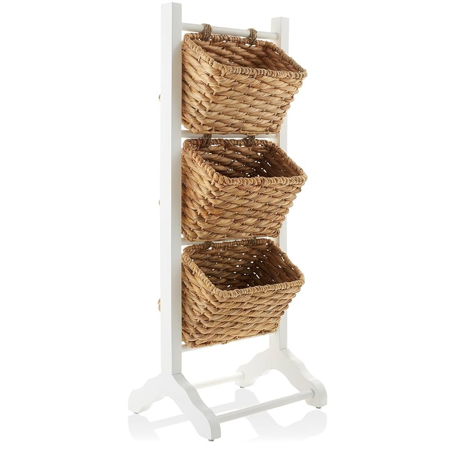Casafield 3-Tier Floor Stand with Water Hyacinth Storage Baskets, White/Natural - Standing Organi... | Amazon (US)