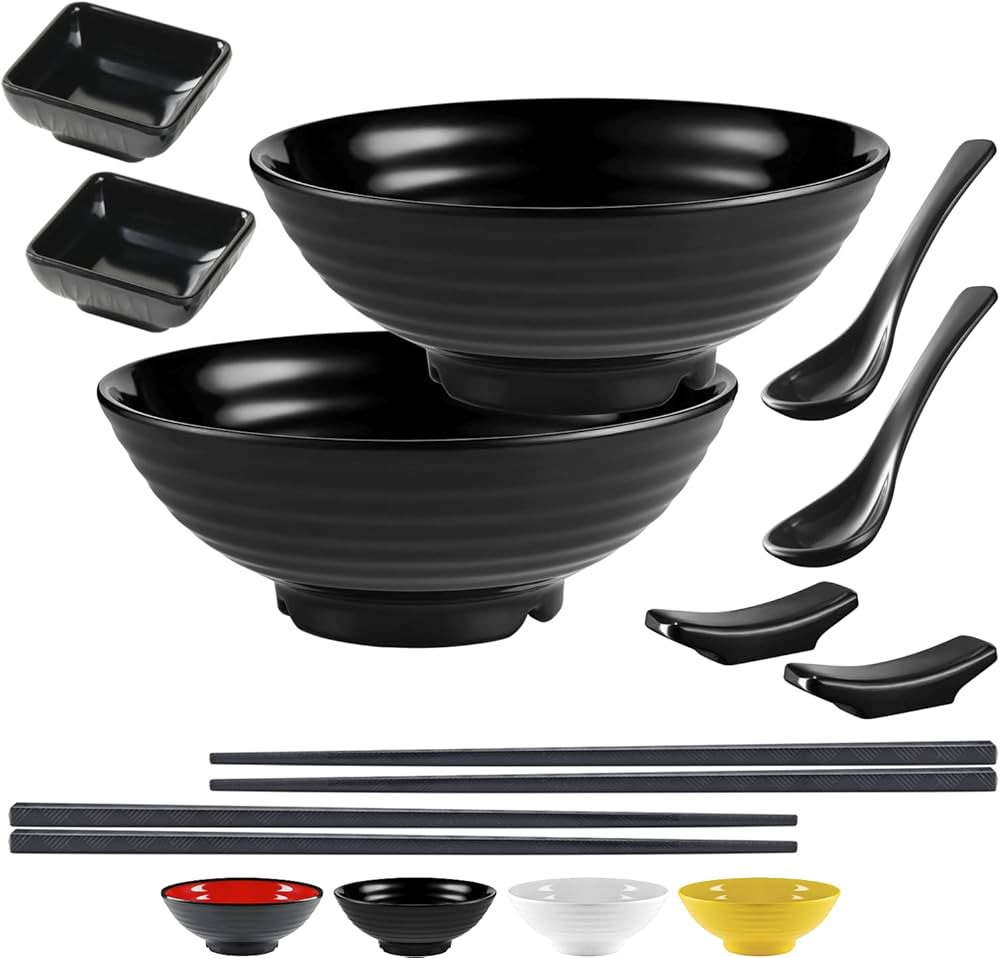 Unbreakable Ramen Bowl Set with Chopsticks and Spoon: 2 large Japanese Style Melamine Ramen Bowls... | Amazon (US)