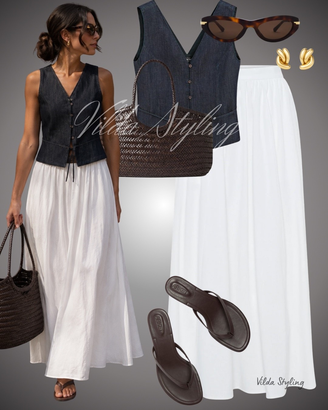 Effortless summer elegance 🤎 A denim vest paired with a flowy white maxi skirt, finished with chocolate brown accessories for a chic, timeless look. Perfect for warm days and relaxed summer styling.

#LTKsummer #LTKstyletip #LTKbag