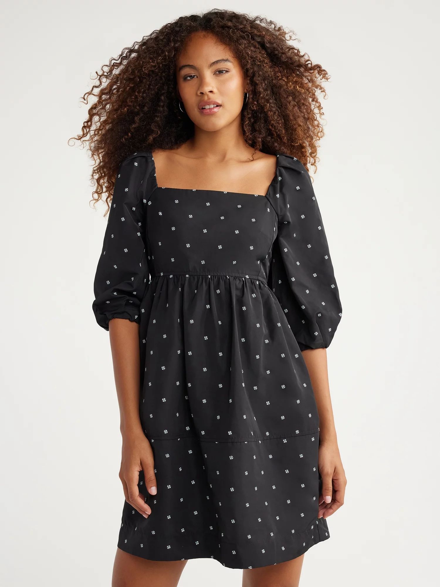 Free Assembly Women's Square-Neck Mini Dress with ¾ Sleeves, Sizes XS-XXXL | Walmart (US)