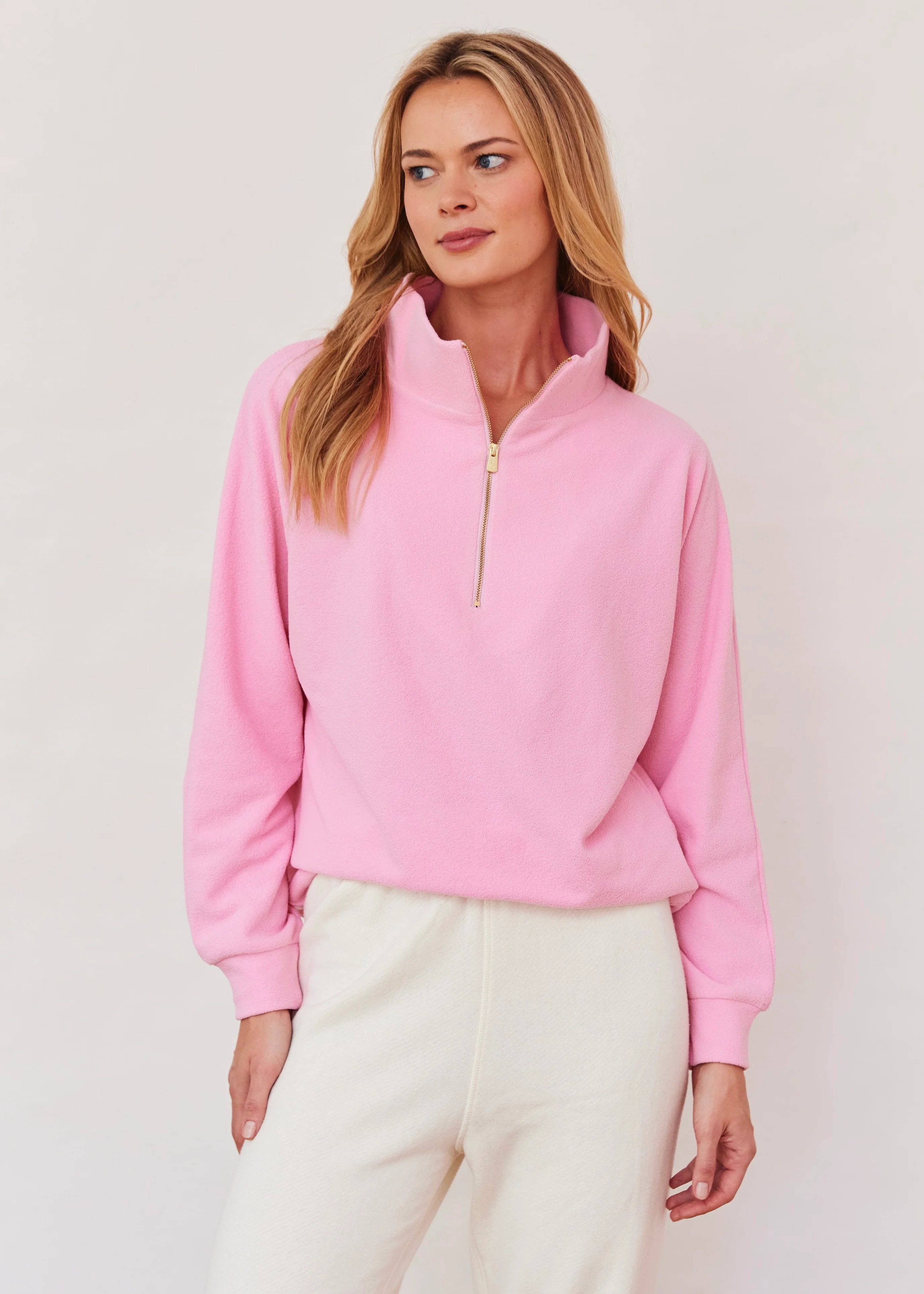 Marion Zip Pullover in Terry Fleece (Prism Pink) | Dudley Stephens