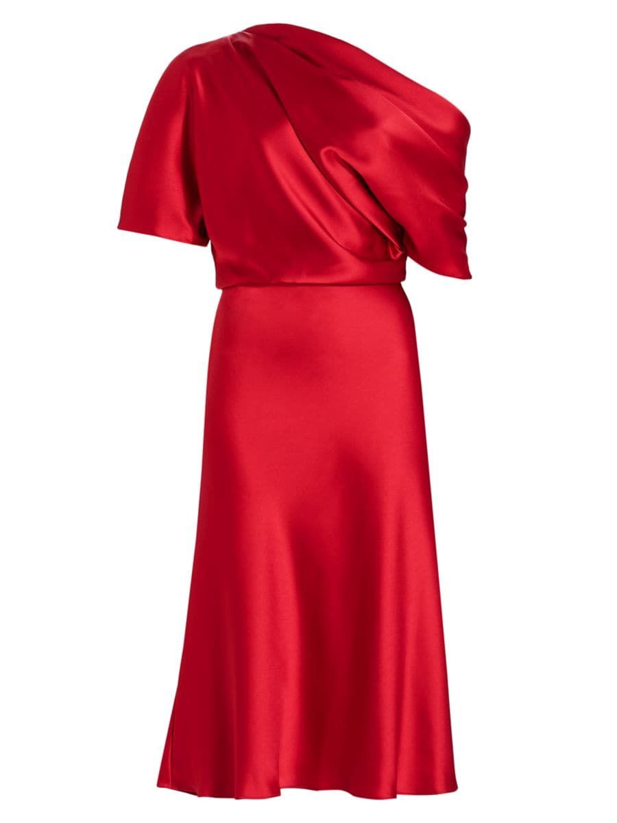 Amsale Draped Satin One-Shoulder Midi-Dress | Saks Fifth Avenue