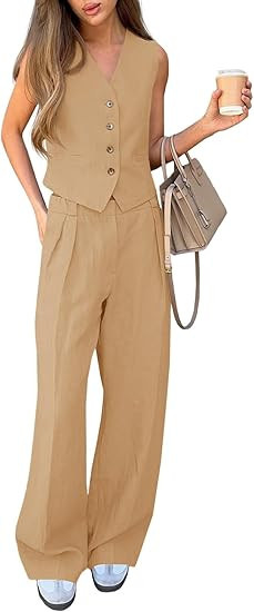 Cicy Bell Women's 2 Piece Outfits V Neck Crop Vest Blazer and Wide Leg Suit Pants Sets | Amazon (US)