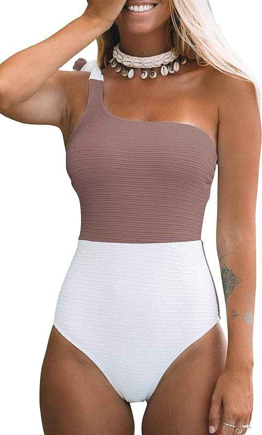 CUPSHE Women's One Piece Swimsuit One Shoulder Color Block Asymmetric Swimwear Bathing Suits | Amazon (US)