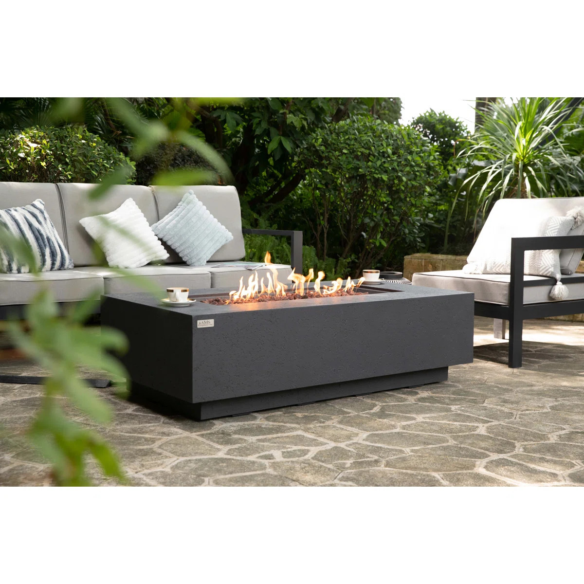 Madison 60" Travertine Natural Gas Fire Pit Table with Wind Guard And Burner Lid | Wayfair North America