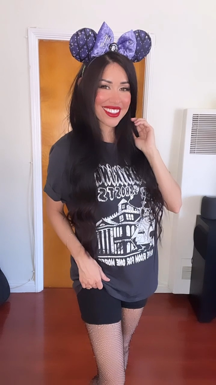 Outfit for Oogie Boogie in the summer heat! Layered this tie dye Nightmare Before Christmas T-shirt, with a mesh black lace top, paired with black high waisted pleated shorts! The Minnie Ears are Loungefly with a Nightnsre Before Christmas pattern!🖤🖤🖤  #DisneyOutfit #DisneyOutfitInspo #DisneyHalloweenOutfit 

#LTKStyleTip #LTKSeasonal #LTKParties