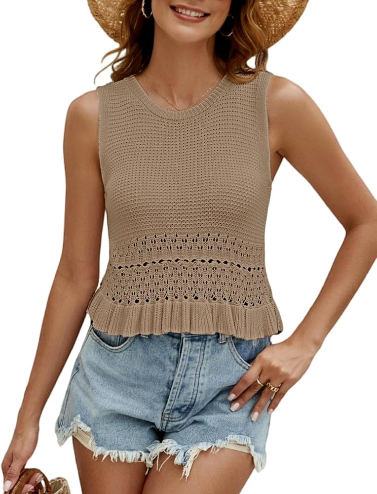 VIMPUNEC Womens Crochet Crop Tank Tops Sleeveless Knit Sweater Vest Ruffle Hem Summer Top | Amazon (US)