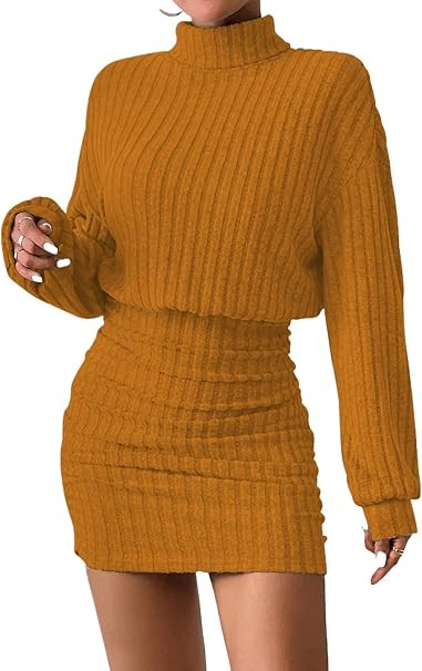 Women's Pullover Sweater Dress Long Lantern Sleeve Turtle Neck Cute Ribbed Knit Bodycon Mini Shor... | Amazon (US)