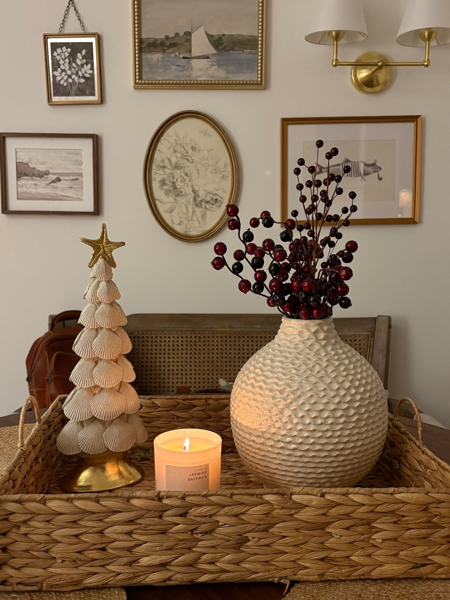 Neutral home decor for the holidays ✨ woven tray styling, ceramic textured vase, holiday stems, coastal inspired Christmas tree, minimal holiday decor, cozy home aesthetic, warm winter styling.

#LTKFindsUnder50 #LTKSeasonal #LTKHome