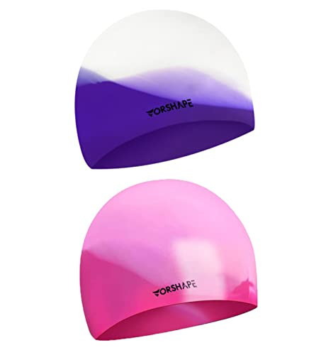 Vorshape Swim Cap Kids (2 Pack), Durable Waterproof Swimming Cap for Girls Boys Teens Toddler Aged 3-8, Comfortable Fit Kids Swim Cap for Long Hair, Silicone Swim Caps for Kids, Bright Purple & Pink | Amazon (US)