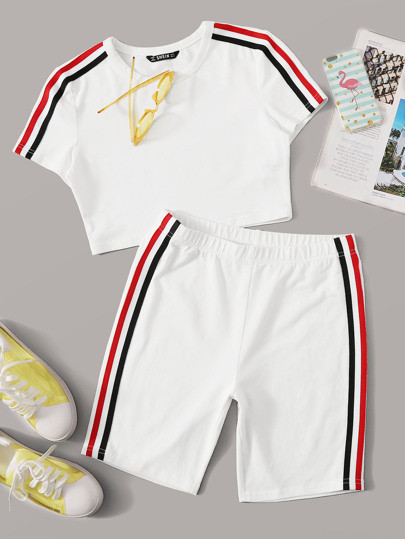 SHEIN Striped Tape Side Top and Shorts Set | SHEIN
