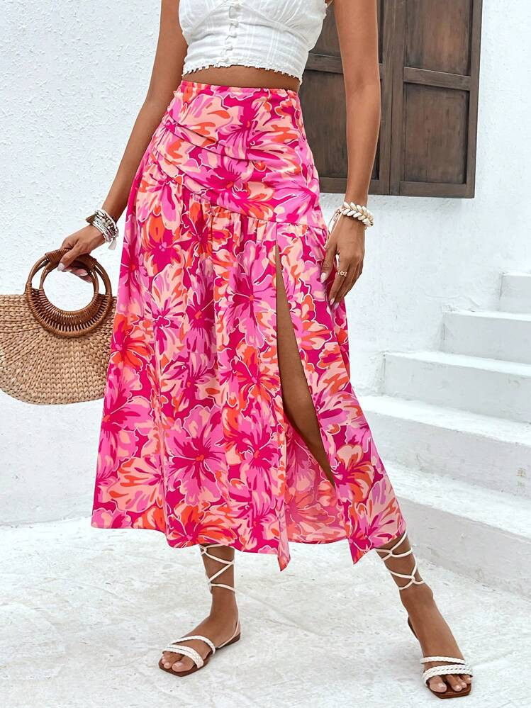 SHEIN Holidaya Vrouwen Bloemenprint Hoog-lage zoom Midirok | SHEIN