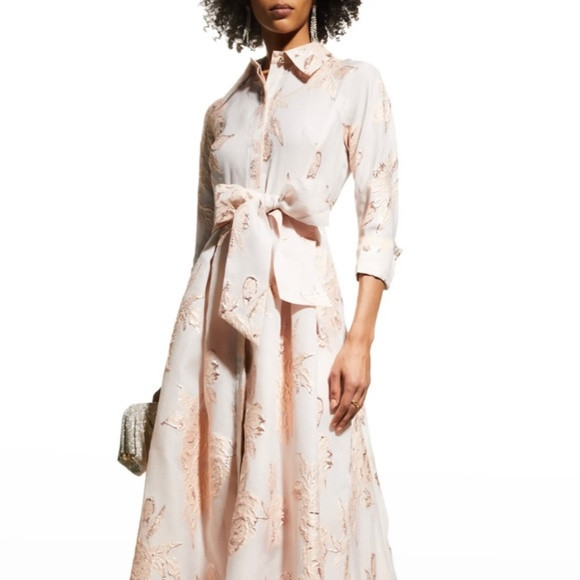 BRAND NEW with TAGS! Teri Jon Metallic Jacquard Shirtdress Gown in Blush | Poshmark