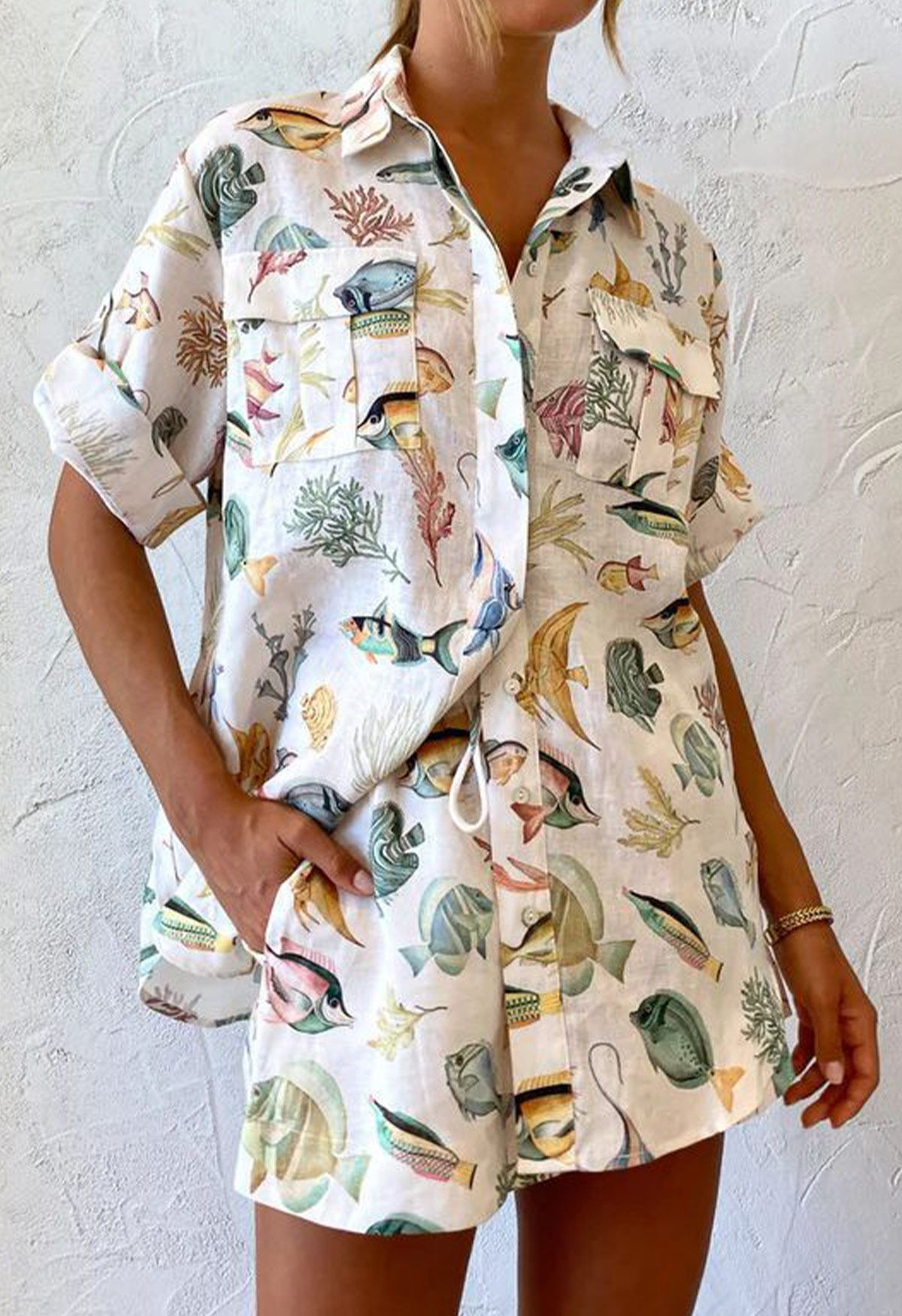 Sea-Inspired Flap Pocket Shirt and Shorts Set for Cruise Excursions & Sightseeing Days | Chicwish