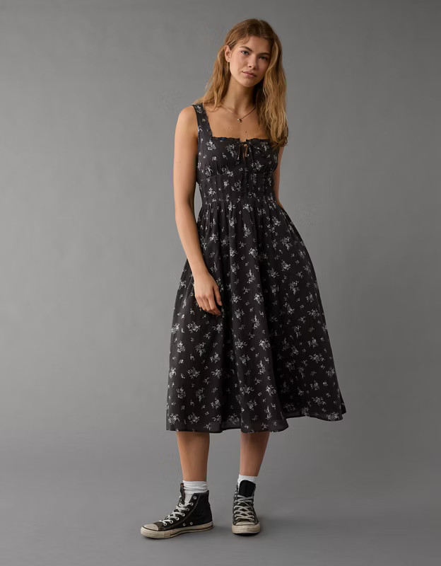 AE Corset Bodice Floral Midi Dress | American Eagle Outfitters (US & CA)