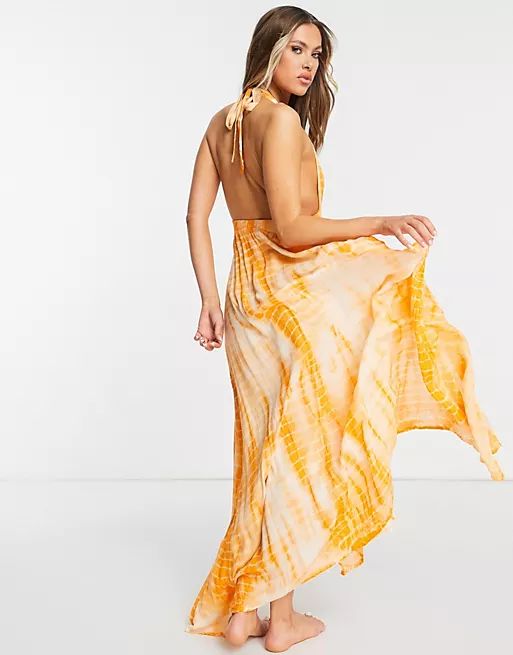 ASOS DESIGN deep plunge maxi beach dress in orange tie dye | ASOS (Global)