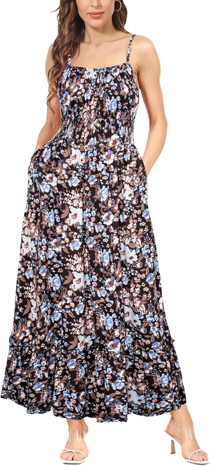 GRACE KARIN Womens 2024 Summer Maxi Dress Sleeveless Floral Spaghetti Strap Smocked Boho Beach Lo... | Amazon (US)