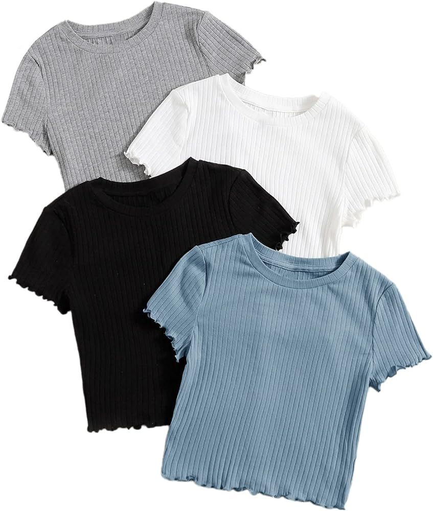 MakeMeChic Women's 4 Pack Short Sleeve Lettuce Trim Ribbed Knit Tees Crop Tops | Amazon (US)