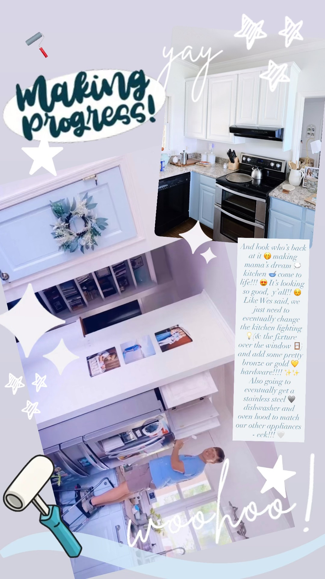 And look who’s back at it 🤭 making mama’s dream 💭 kitchen 🥣 come to life!!! 😍 It’s looking so good,  y’all!! ☺️ Like Wes said, we just need to eventually change the kitchen lighting 💡(& the fixture over the window 🪟) and add some pretty bronze or gold 💛 hardware!!!! ✨✨ Also going to eventually get a stainless steel 🩶 dishwasher and oven hood to match our other appliances - eek!!! 🤍