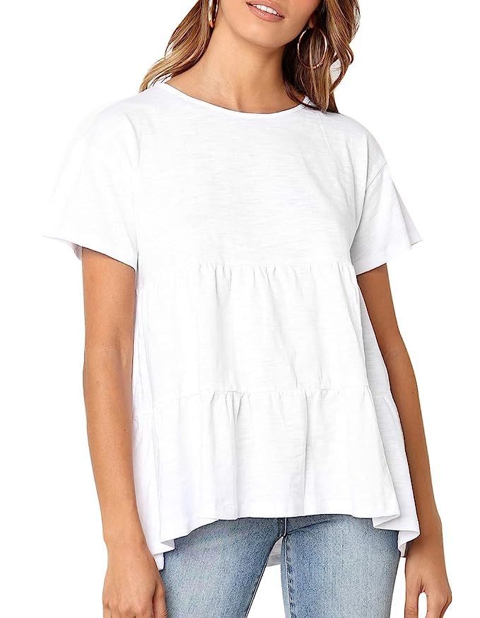 Women's Summer Short Sleeve Loose T Shirt High Low Hem Babydoll Peplum Tops | Amazon (US)