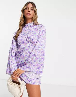River Island flute sleeve floral mini dress in purple | ASOS | ASOS (Global)