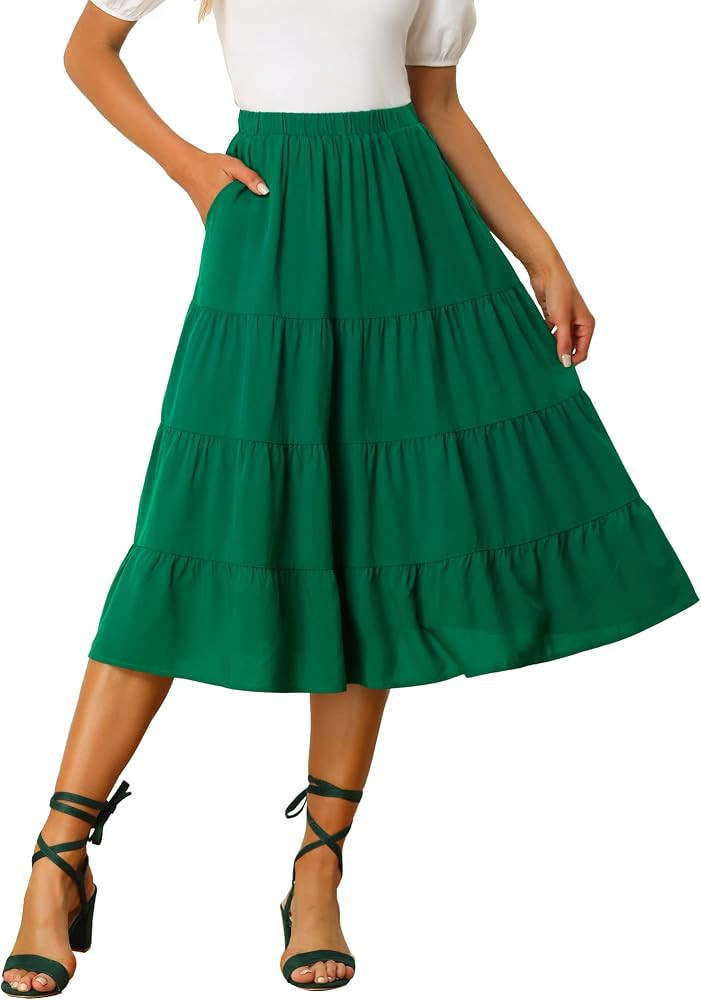 Amazon.com: Allegra K Women's Midi Skirts Solid Elastic Waist Flare Tiered Long A-Line Skirt with... | Amazon (US)