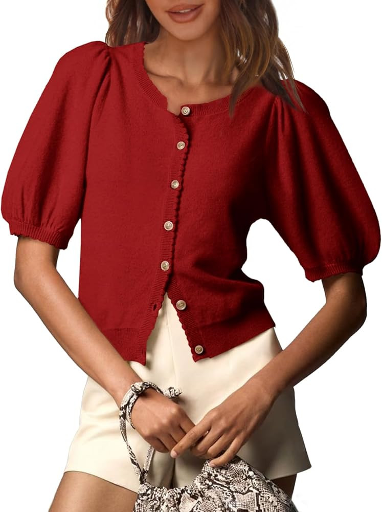 Saodimallsu Womens Puff Short Sleeve Cardigan Lightweight Summer Button Down Shirts Knit Crew Nec... | Amazon (US)