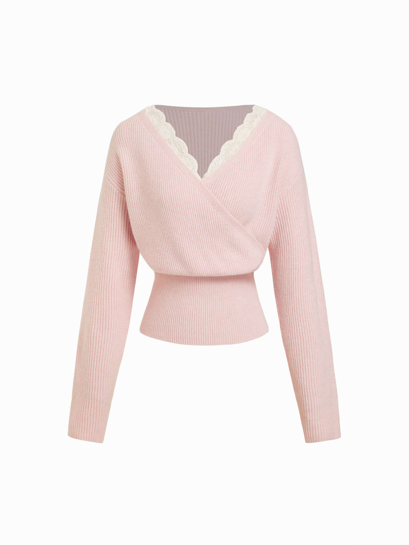 Valentine Knit Fabric Knit V-neck Solid Lace Trim Wrap Long Sleeve Top For Daily Casual | Cider