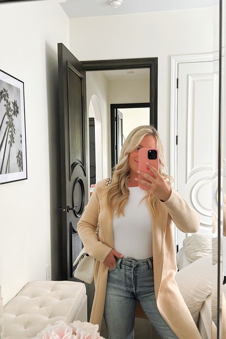 Amazon outfit ootd
Coatigan color apricot tts
White high neck bodysuit 
Levi’s jeans on sale straight fit tts
White Gucci mules, linked similar for less