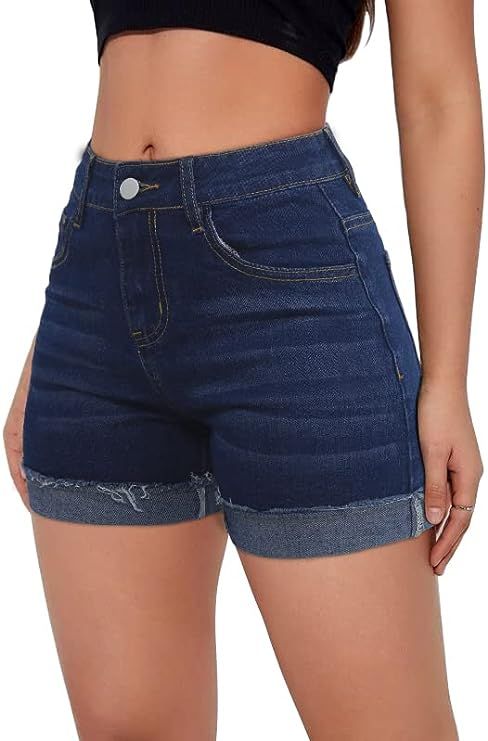 Rubugil Womens Denim Shorts Stretchy Ripped Jean Shorts High Waisted Folded Hem Frayed Distressed... | Amazon (US)