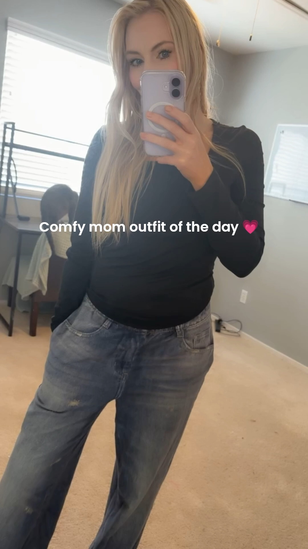 Comfortable mom outfit of the day Halara sweatpant jeans and long sleeve top simple and comfortable and also cute for reference I’m 5ft2 125lbs wearing a size small 💗