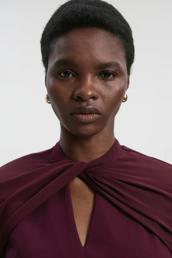 Petite Ponte And Georgette Mix Balloon Sleeve Cut Out Detail Top | Karen Millen UK + IE + DE + NL