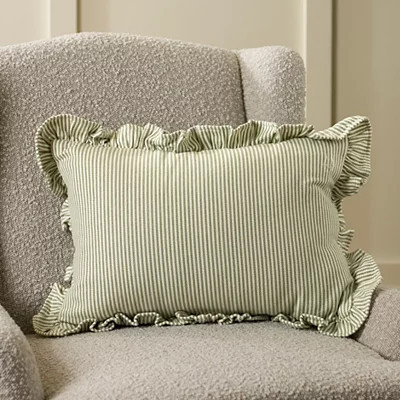 Jane Striped Ruffle Lumbar Pillow, Green/White, 20L x 14H , Cotton | Kirkland's Home | Kirklands