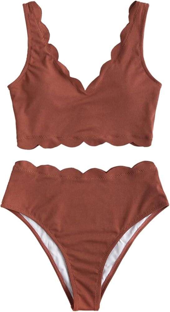 ZAFUL High Waisted Swimsuits for Women Scalloped Bikini Sets Back Lace-Up Tankini Sets Tummy Cont... | Amazon (US)