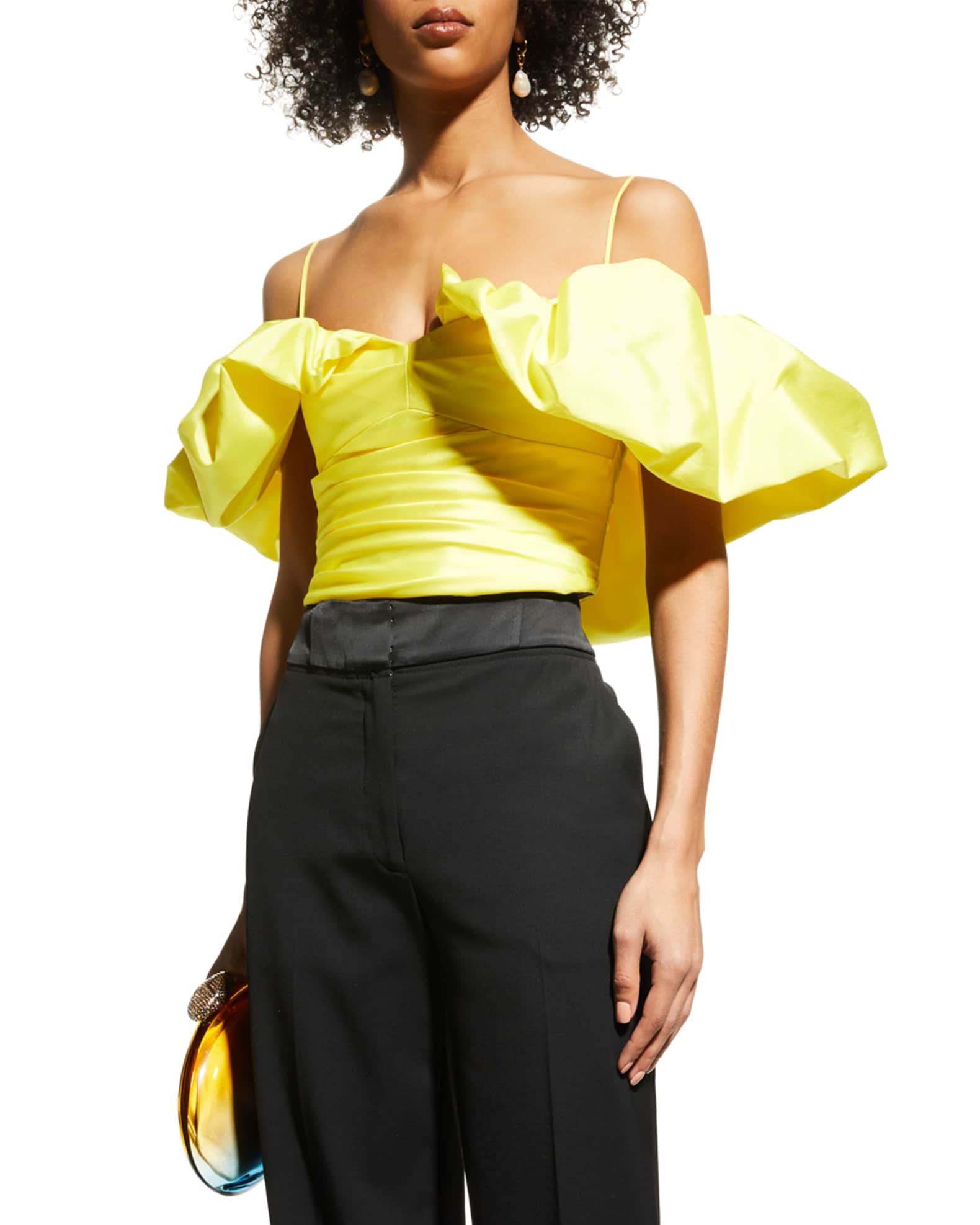 Rozie Corsets Ruched Cold-Shoulder Cropped Top | Neiman Marcus