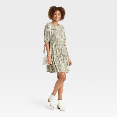 Women's Elbow Sleeve Tiered Dress - Knox Rose™ Olive Green Paisley Print | Target