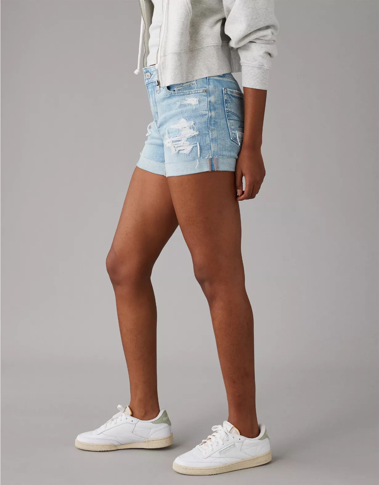 AE Next Level Distressed Denim Midi Short | American Eagle Outfitters (US & CA)