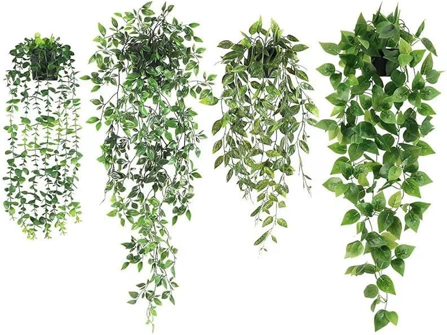 Jupengmg 4 Pack Fake Hanging Plants - Artificial Hanging Plants Indoor, Fake Potted Plants with M... | Amazon (US)