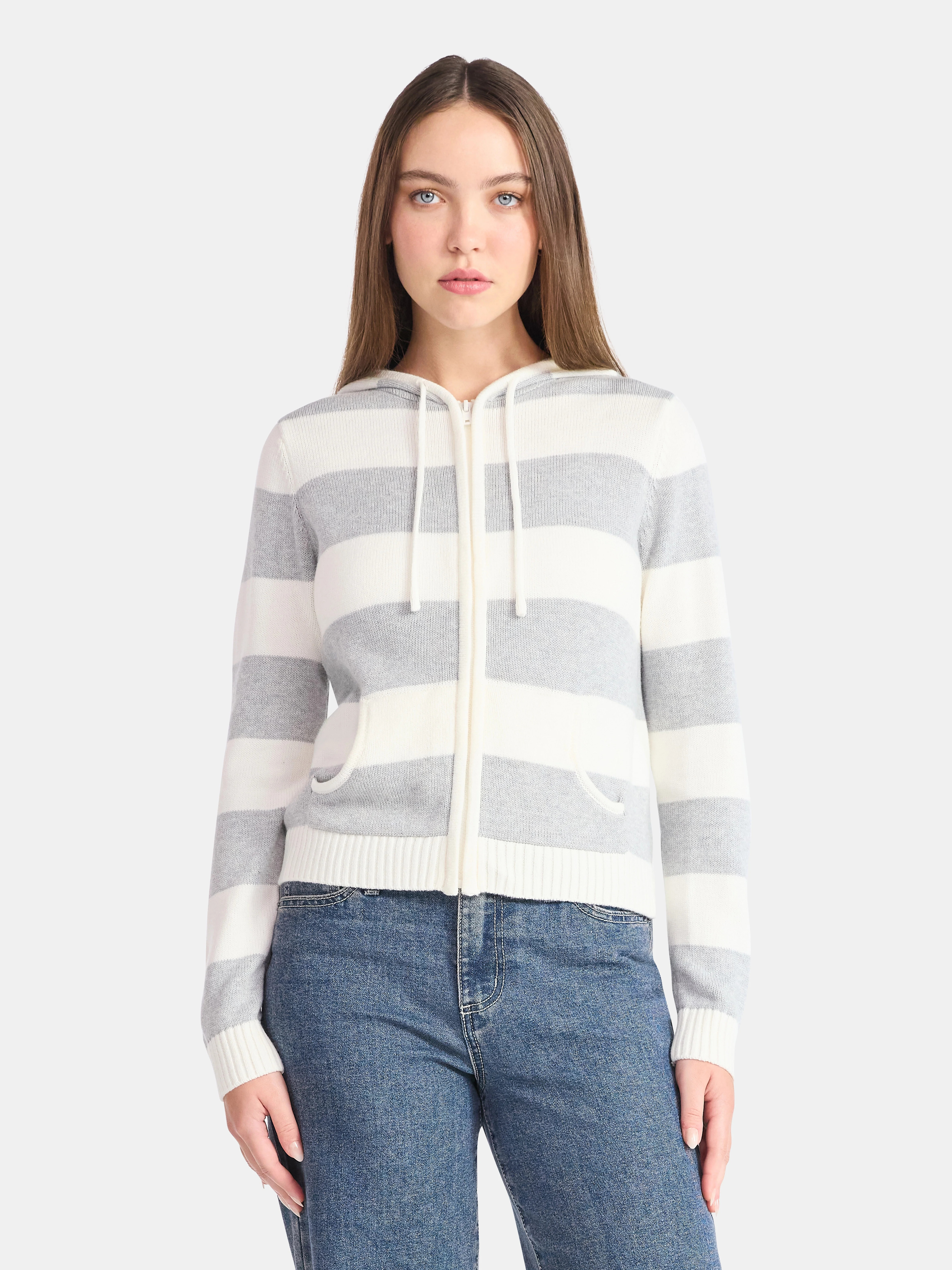 No Boundaries Zip-Up Striped Hoodie Jacket, Women's | Walmart (US)