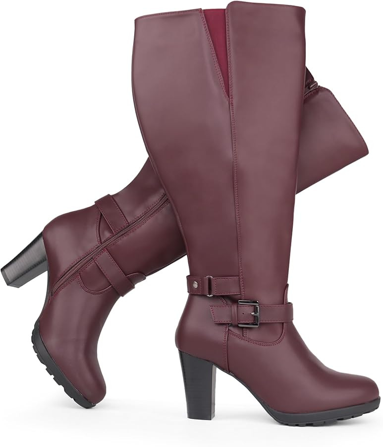 Damen-Stiefel in Übergröße, weiter Schaft, hoher Absatz, mit Knöchelschnalle | Amazon (DE)