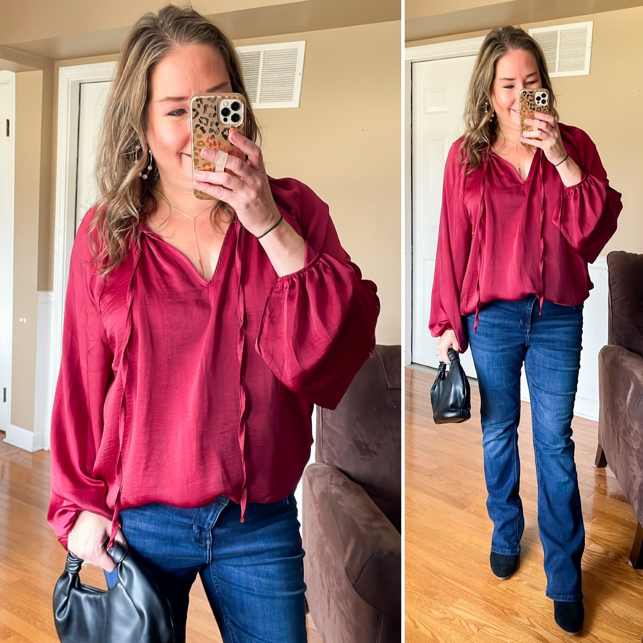 Valentine’s Day outfit inspiration. Chiffon v-neck blouse with lantern sleeves from Amazon. Color - Wine Red #founditonamazon

#LTKSeasonal #LTKunder50 #LTKstyletip