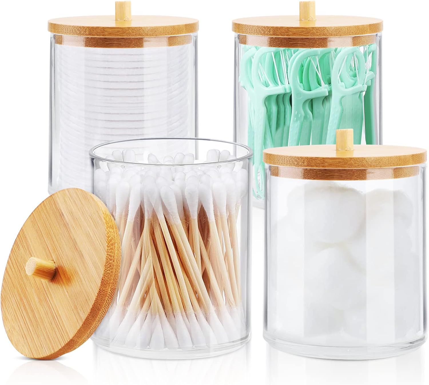 TCJJ 4 Pack Acrylic Qtip Holder Dispenser Bathroom Jars with Bamboo Lids, Cotton Ball Pad Round S... | Amazon (US)