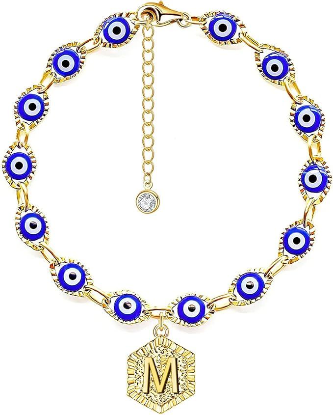 PANSHI Initial Evil Eye Bracelet for Women 14K Gold Plated Letter Charm Blue Eye Bracelets Ojo Pr... | Amazon (US)