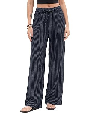 LOMON Linen Pants Women Wide Leg Palazzo Pants Elastic High Waisted Summer Beach Clothes Casual L... | Amazon (US)