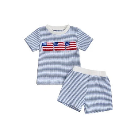 Loicainy Toddler Baby Boy 4th of July Clothes Set 6 12 18 24 Months 2T 3T 4T Flag Embroidery Striped Crew Neck Short Sleeve T-Shirt and Shorts 2 Pcs Independence Day Outfits | Walmart (US)