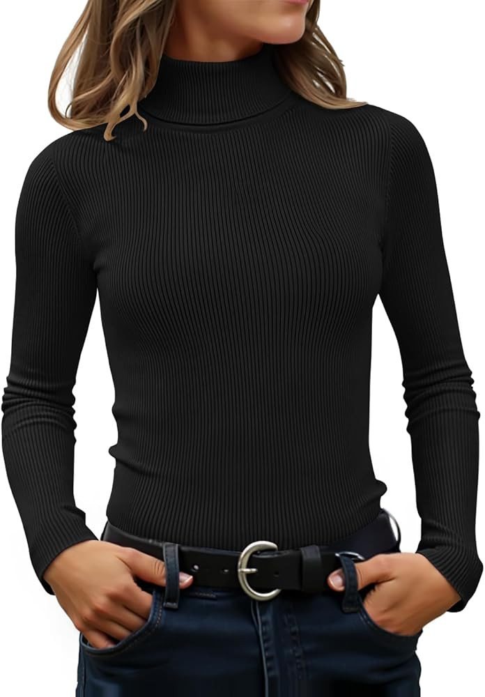 ZESICA Women's Turtleneck Long Sleeve Shirts 2025 Fall Trendy Tops Slim Fitted Ribbed Knit Basic ... | Amazon (US)