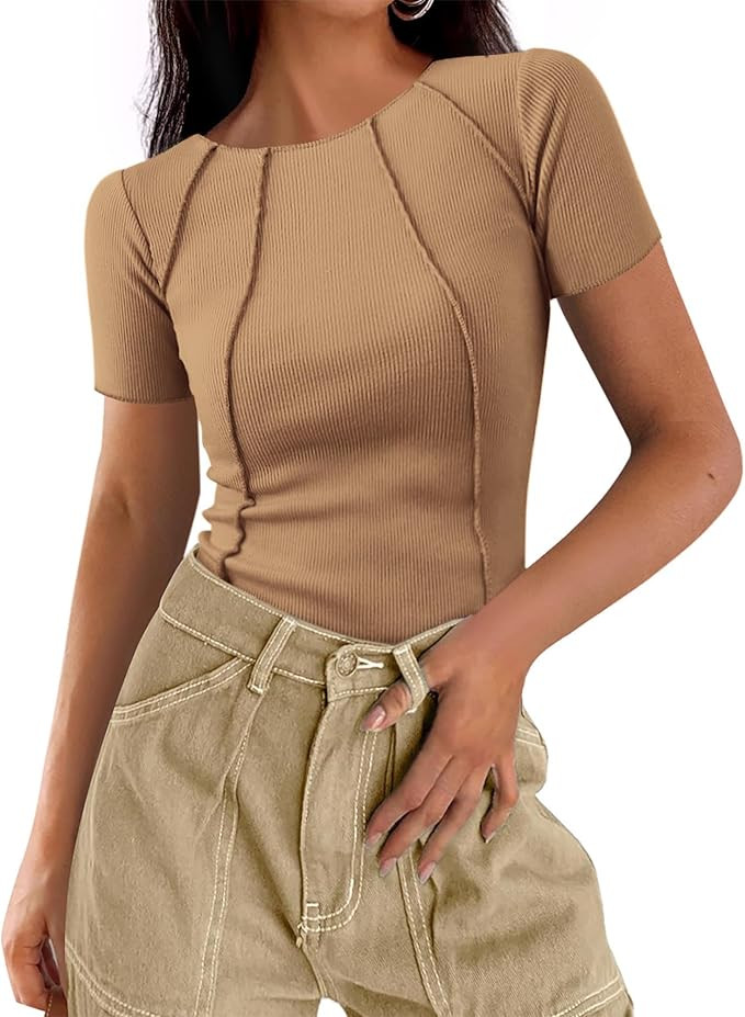 KIRUNDO Ribbed Short Sleeve Tops for Women Summer Casual Crew Neck Cute Crop Basic Tees Slim Fit ... | Amazon (US)