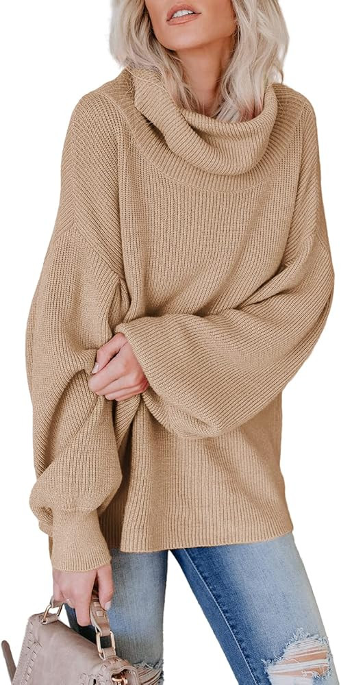 Simplee Women's Oversized Cropped Sweater Lantern Long Sleeve Loose Knit Pullover Sweater | Amazon (US)