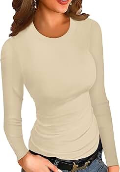 HWOKEFEIYU Womens Fall Long Sleeve Stretch Slim Round Neck Ribbed Basic Shirts | Amazon (US)